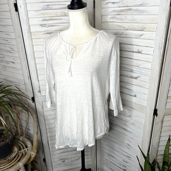 WRAP of LONDON Boho Beachy Linen Tassel Tie Front Casual Top Tunic White US 10 - Picture 6 of 14